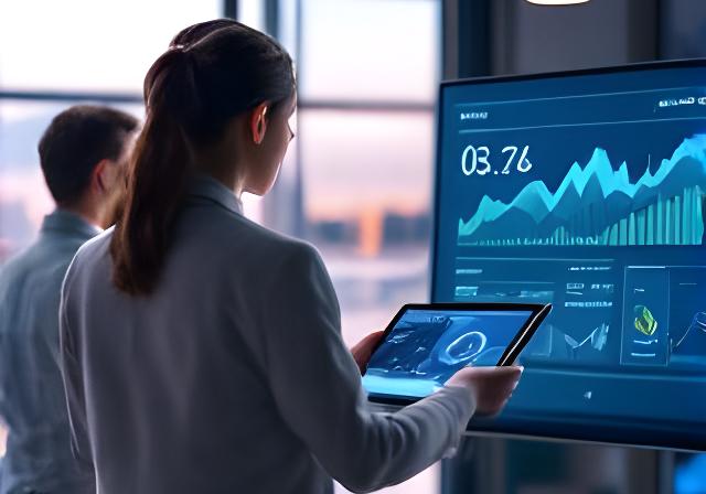 Σύμβουλος AI automation παρουσιάζει dashboard ανάλυσης δεδομένων σε ελληνική επιχείρηση, σύγχρονο γραφείο Αθήνα